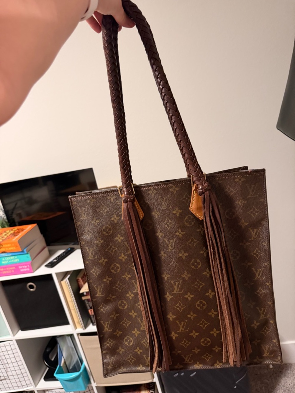Monogram Canvas Brown Tote with Braided Shoulder Straps and Tassel Accents